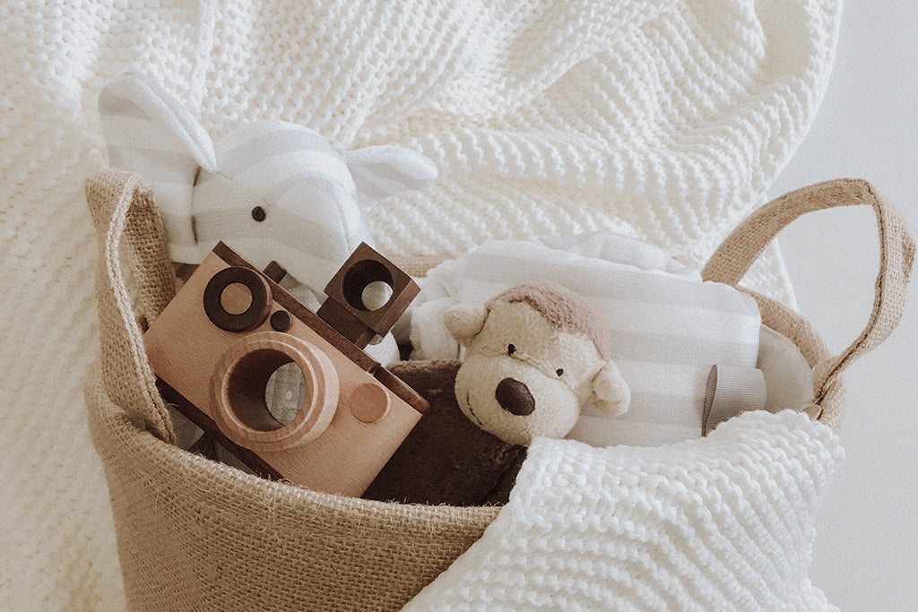 Sustainable baby gift basket featuring a wooden toy camera and plush toys, perfect for non-toxic, eco-friendly play and decor.