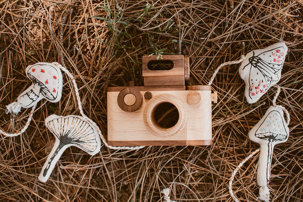 Father's Factory eco-friendly wooden toy camera, made of walnut and beechwood, with heirloom quality and detachable features.