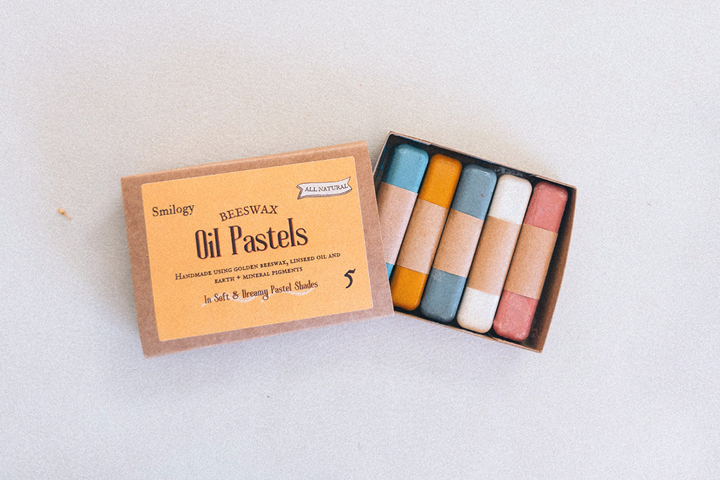 All-natural, non-toxic beeswax oil pastels in eco-friendly packaging with five soft pastel shades for children