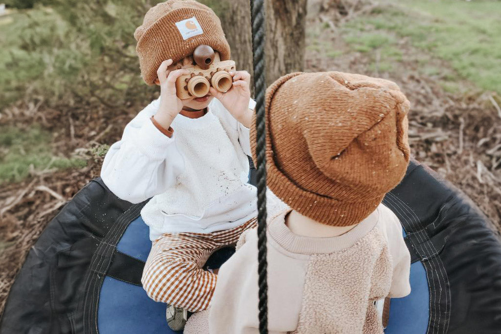 Twinkle wooden toy camera inspired by the stereo camera offers double the fun with two kaleidoscope lenses. Like a wooden binocular toy, Father’s Factory twinkle wooden toy camera has 2 lenses. Children can look through the lenses and find wonders. The kaleidoscopic lens will enhance creativity in children and offers high-quality playtime. Father's factory wooden toys can double as interior decor, kid’s room decor, and playroom display.