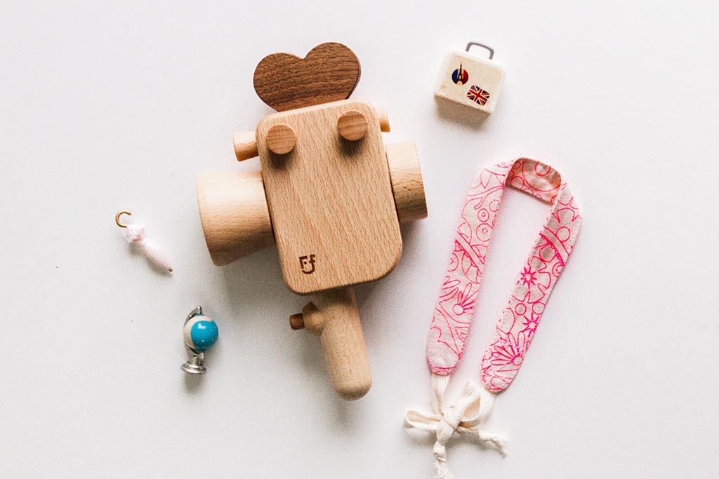 Handheld strap for Father's Factory Super 8 wooden toy camera. The strap is handmade in los angeles with much love. it allows your little videographer to bring their favorite toys with them everywhere! The Sweet Dream pattern is limited quantities and limited edition for Valentine's Day