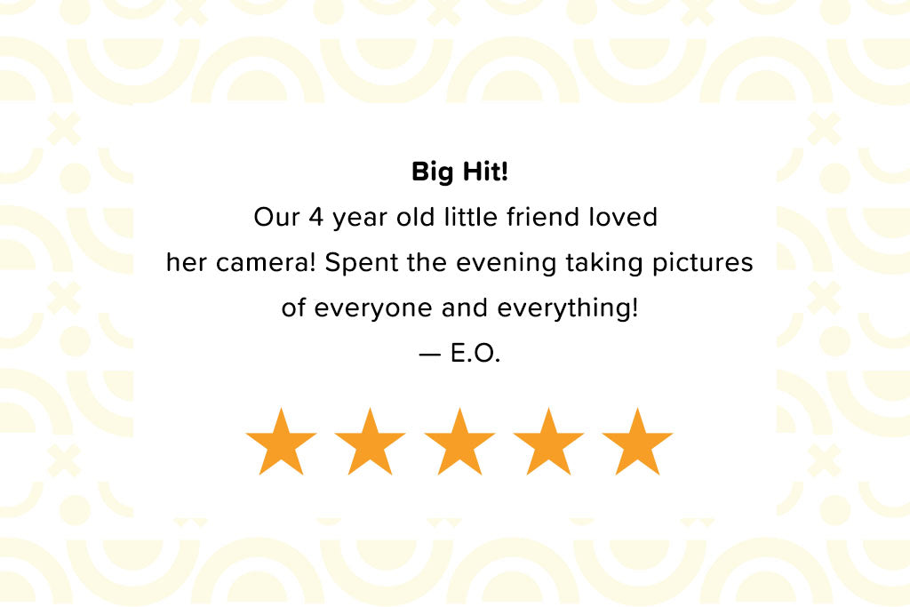 Wooden toy camera with 5-star rating, loved by kids; a positive review highlights a 4-year-old enjoying her Father’s Factory camera.