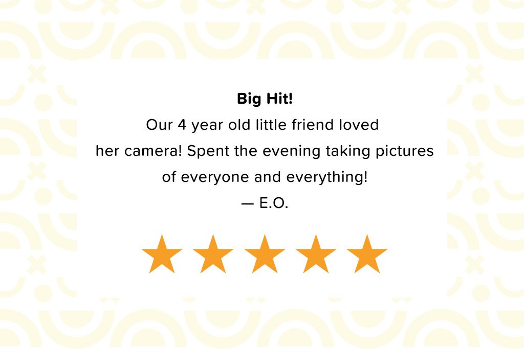 Wooden toy camera with 5-star rating, loved by kids; a positive review highlights a 4-year-old enjoying her Father’s Factory camera.