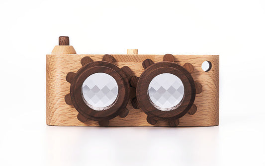 Twinkle wooden toy camera inspired by the stereo camera offers double the fun with two kaleidoscope lenses. Like a wooden binocular toy, Father’s Factory twinkle wooden toy camera has 2 lenses. Children can look through the lenses and find wonders. The kaleidoscopic lens will enhance creativity in children and offers high-quality playtime. Father's factory wooden toys can double as interior decor, kid’s room decor, and playroom display.
