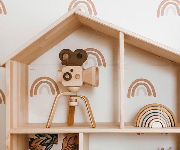 Delight your little photographers with father’s factory high-quality wooden toy camera that's sure to become a treasured keepsake. Crafted of durable, beautifully beech wood and walnut, each toy camera comes with a kaleidescopic viewfinder, clickable button, and movable rewind handle, this toy encourages all-day imaginative story-telling for your child and family. Father’s factory toy camera also double as interior decor.