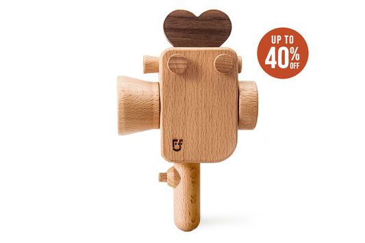 wooden toy camera in vintage style Super 8 camera. The toy camera is best for children to pretend play.