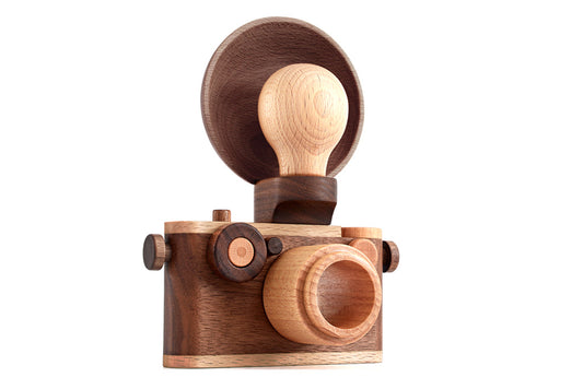 35mm Camera with A Wood Flash Bulb Reflector