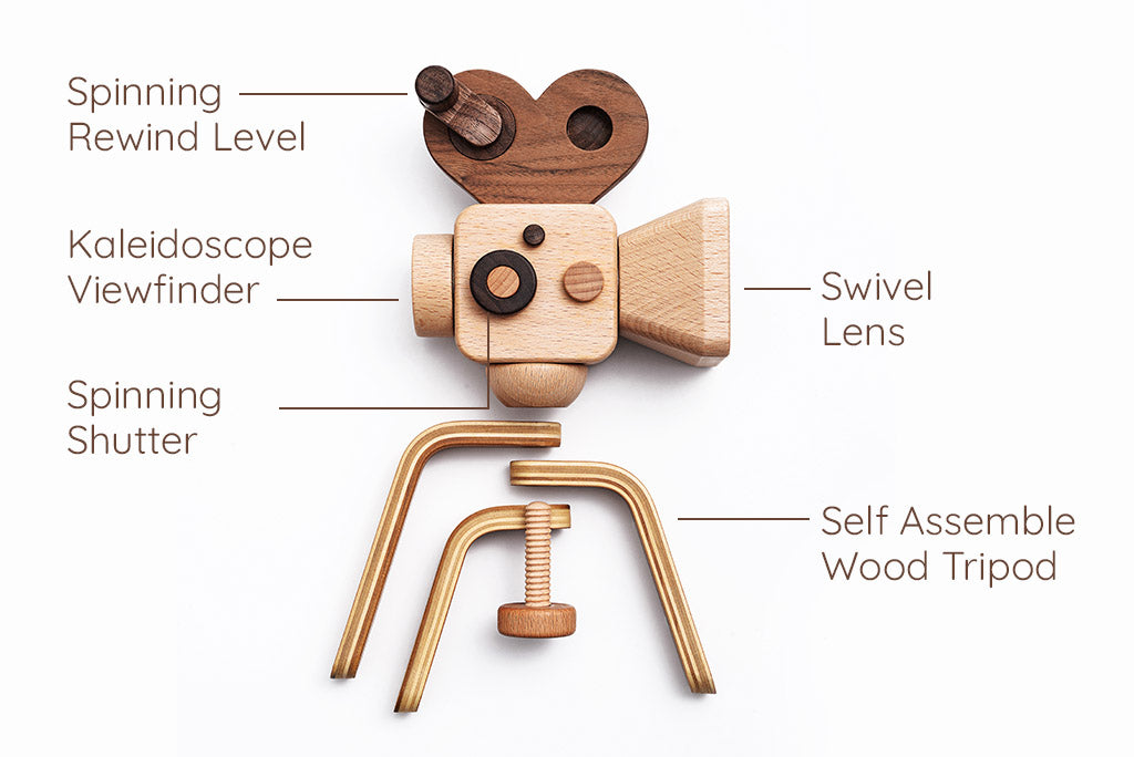 Father's Factory new super 16 Wooden Toy Camera is perfect for you! Stories play a vital role in the growth and development of children, and this Super 16 elevates the whole pretend-play experiences. The Super 16 Pro has a spinning rewind level, swivel lens, kaleidoscopic viewfinder, spinning shutter, and a tripod that can be for play and children’s room decor